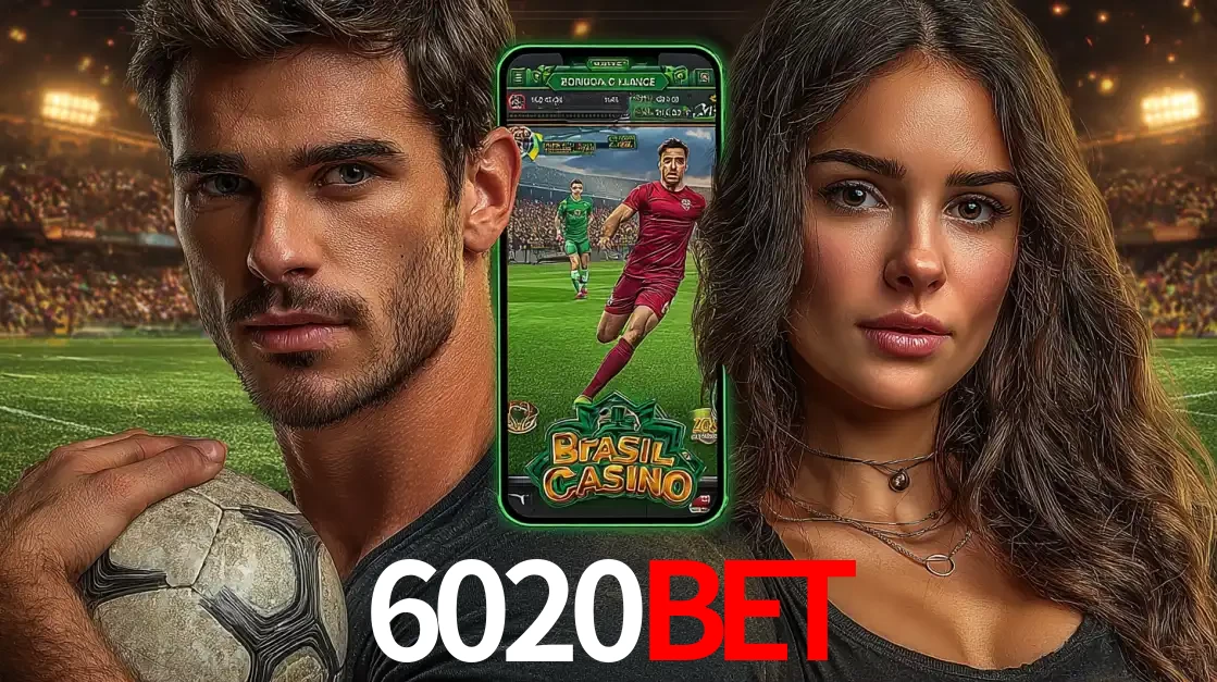 Homem segurando uma bola de futebol e uma mulher ao lado de um smartphone exibindo o jogo de apostas esportivas da 6020BET. Faça seu palpite no cassino online.